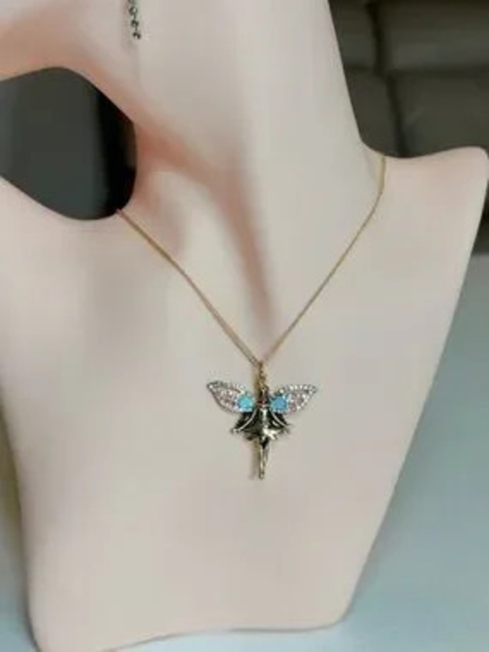 Gold Fairy Pendant Necklace with Blue and Clear Crystals